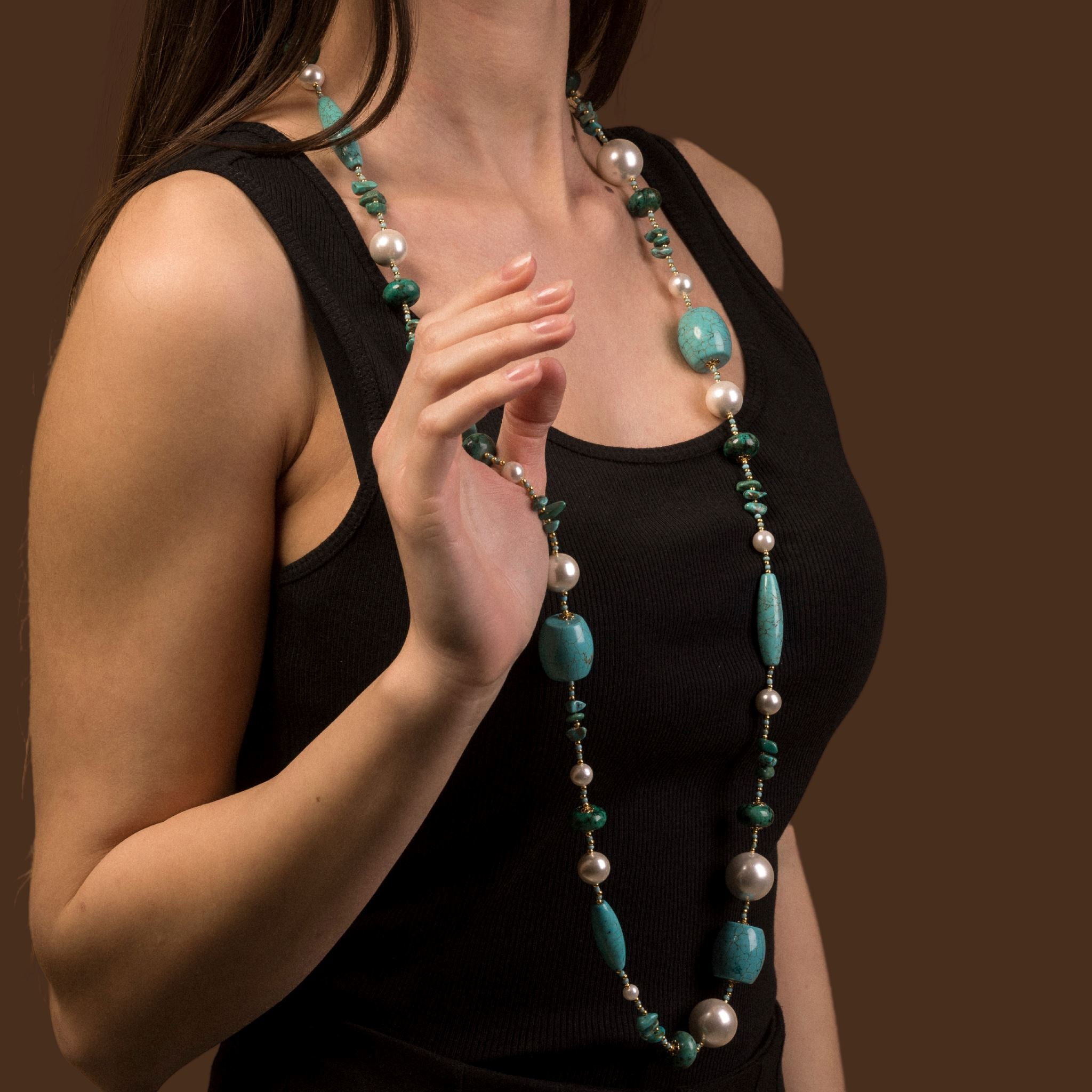 Collana lunga Bliss in argento con pasta di turchese e perle 20078426 | Gioielli Antonio Moscariello